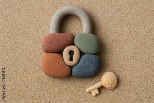 Wallpaper Mural Colorful padlock made of smooth stones rests on sandy surface, accompanied by small seashell shaped key. scene evokes sense of tranquility and creativity Torontodigital.ca