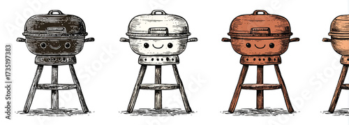 Cute smiling barbecue grill illustration set of four different colors for summer cooking