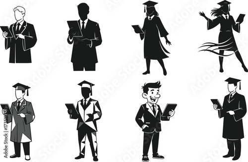 Graduation silhouette students, academic success, education achievement, university ceremony, graduate holding diploma, cap and gown, higher education, learning celebration, academic milestone