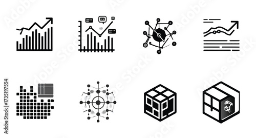 Data analytics visualization elements showing business growth charts and connection networks and data cubes for presentation graphics