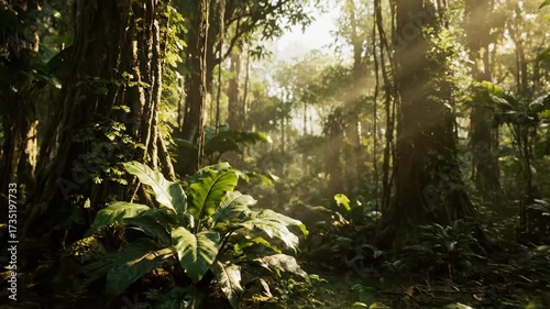 Slow Dolly Shot Through Dense Tropical Jungle Foliage with Sun Dapples and Shallow Depth of Field cinematic, commercial, environment