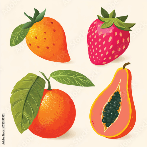 Delicious fresh fruit assortment featuring strawberry orange and papaya in vibrant colors and delightful illustrative style