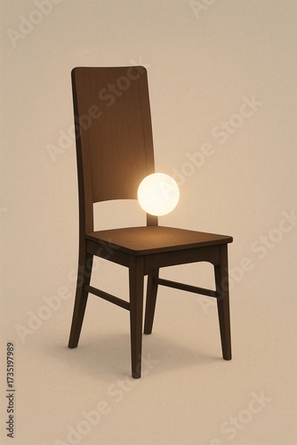 Wallpaper Mural Wooden chair with minimalist design features glowing orb positioned on its seat, creating warm and inviting atmosphere. soft illumination enhances simplicity and elegance of chair Torontodigital.ca