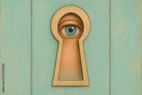 Wallpaper Mural Unique perception of eye viewed through keyhole, showcasing blend of curiosity and intrigue. artwork features soft colors and whimsical design Torontodigital.ca