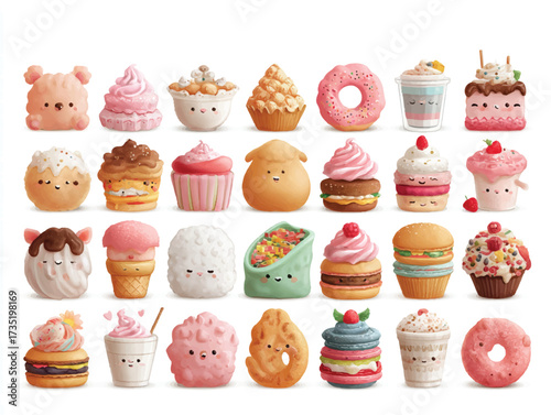 Delightful array of watercolor sweet treats and desserts featuring smiling kawaii faces adding joy to any creative project
