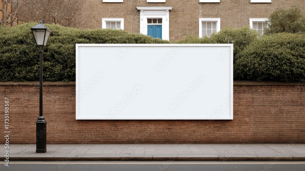 Fototapeta premium Blank white billboard on a brick wall with a street lamp for outdoor advertising mockup