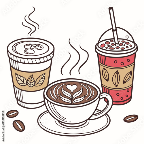 A charming hand drawn illustration showcases three distinct coffee beverages including a latte with art a to go cup with leaves and a colorful iced drink with a straw