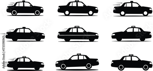 Taxi cab silhouette vector, black car design, urban transport symbol, city travel service, public transportation illustration, modern taxi graphic, commute iconTaxi cab silhouette vector, black car 
