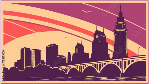 Minneapolis skyline vector art of clevelands iconic silhouette, bridge, stylized sky. Ideal for citythemed designs, travel brochures, and postcards.