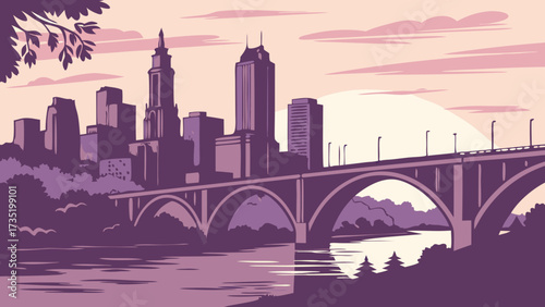Minneapolis skyline vector with detailed city and bridge over river. Suitable for travel brochures, city maps, urbanthemed designs.