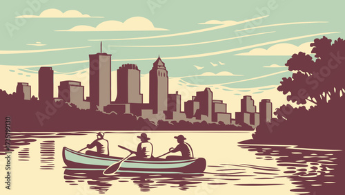 Minneapolis skyline vector featuring rowers on a tranquil river. Suitable for travel brochures, city guides, postcards, and websites.