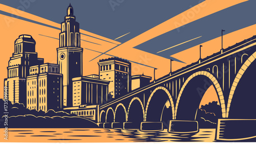 Minneapolis skyline vector artwork capturing cityscape with bridge and river. Ideal for travel, city, and skylinethemed designs.