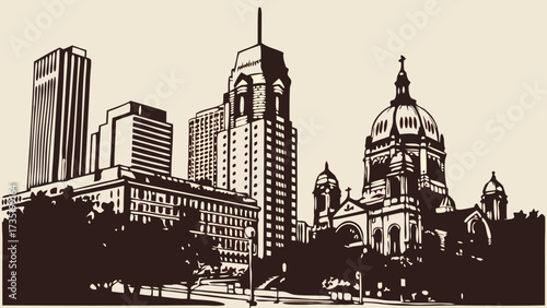Detailed minneapolis skyline vector art with notable buildings for graphic design, travel promotions, citythemed products, and urbanthemed websites.