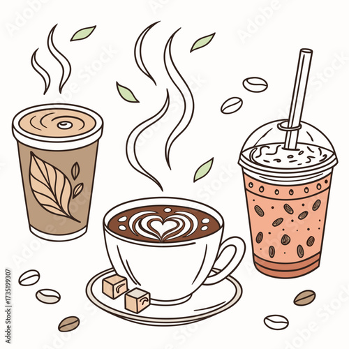 A delightful collection of hot and cold coffee beverages including a latte with heart art a takeaway coffee cup with a leaf design and an iced coffee drink