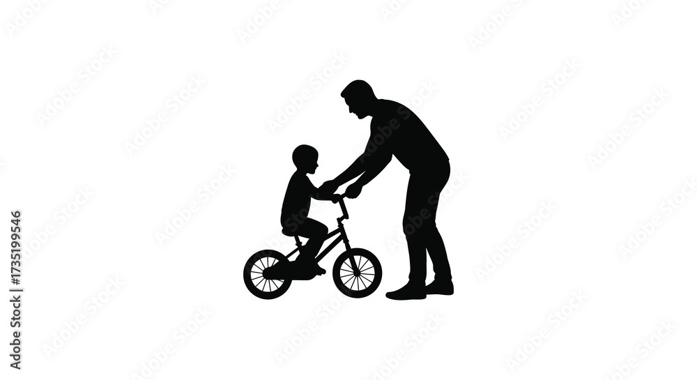 Fototapeta premium Father helping son learn to ride a bicycle silhouette