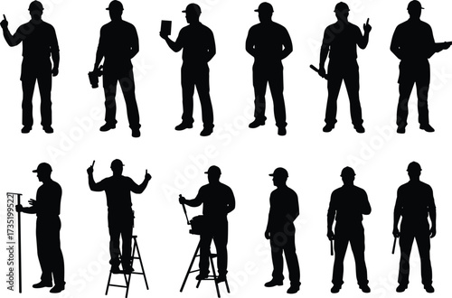 Silhouette construction workers with tools, industrial labor, handyman poses, builder standing, engineer working, maintenance professional, contractor job, repairman equipment, workforce illustration