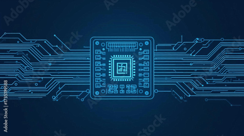 Blue computer chip on a dark blue background, suitable for technologythemed designs, cybersecurity concepts, and digital hardware illustrations.