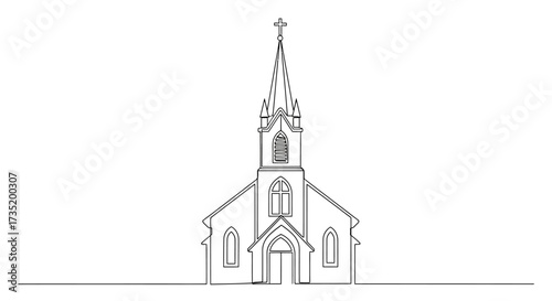 Single continuous line drawing of a vintage church building structure isolated on white background