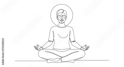 Continuous line art of a woman meditating, achieving inner peace and wellness