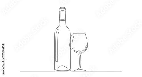 Elegant single line drawing of wine bottle and glass for minimalist design projects