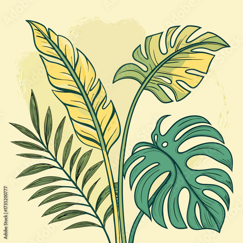 A vibrant illustration of tropical foliage featuring a large monstera leaf a banana leaf and a delicate palm frond against a soft yellow background