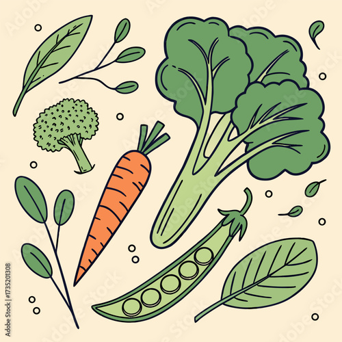 A charming hand drawn illustration featuring a variety of fresh vegetables including broccoli carrots peas and spinach scattered across a light beige background