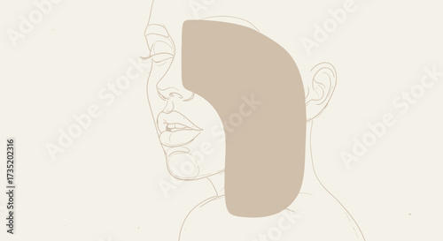 Minimalist abstract line art portrait of a woman with neutral color blocking design
