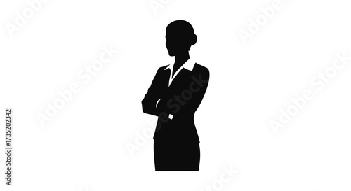 A confident woman in a suit stands with arms crossed silhouette