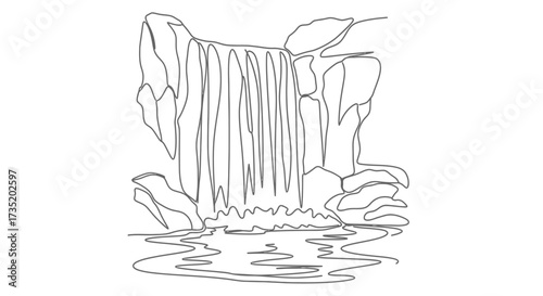 Monochrome illustration of a waterfall cascading over rocks into a body of water outline style