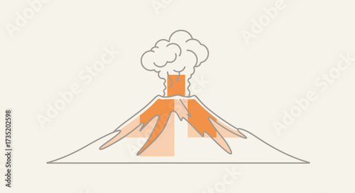 Stylized volcano eruption illustration with smoke clouds and lava flow concept art