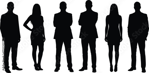 Silhouette of business professionals team, corporate people group standing, formal attire, teamwork concept, isolated on white background