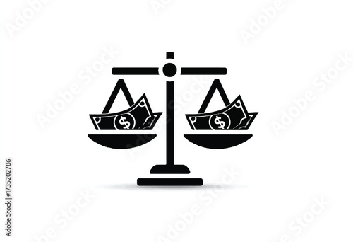 Financial Balance and Justice Scales Icon with Dollar Bills Depicting Economic Equilibrium on White Background
