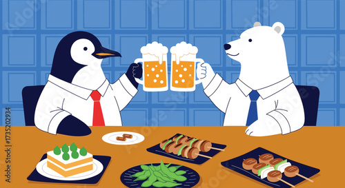 Penguin and polar bear friends enjoy a refreshing beer toast together at a dinner party.
