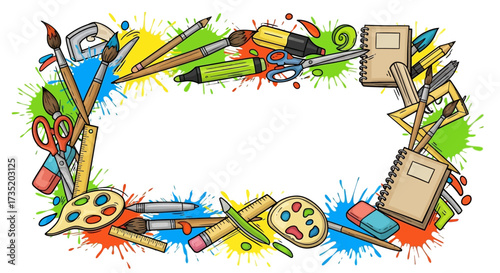 Colorful artistic frame created with a selection of art supplies and paint splashes providing