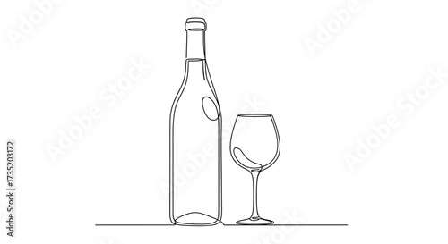 Elegant continuous line drawing of wine bottle and glass, conveying minimalist sophistication and