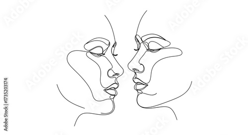Minimalist continuous line drawing of two faces in close proximity expressing intimacy and