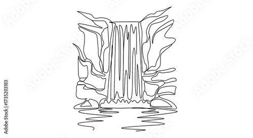 Elegant waterfall cascade drawing with continuous line art style landscape nature scene