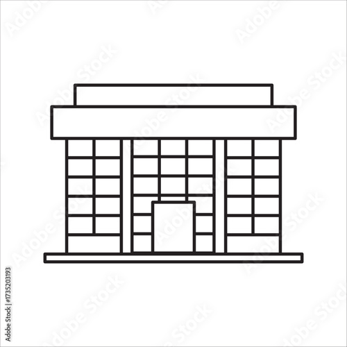 uilding icon isolated on white background, Building icon in line black flat house, office, bank, hotel, shop, university, city, hospital symbols.