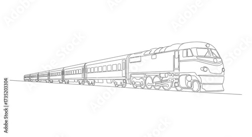 Detailed outline of a vintage passenger train with multiple cars and locomotive