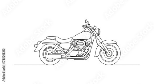 Detailed line drawing of a classic cruiser motorcycle on a white background illustration