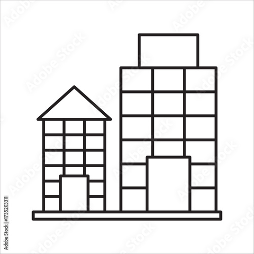 uilding icon isolated on white background, Building icon in line black flat house, office, bank, hotel, shop, university, city, hospital symbols.