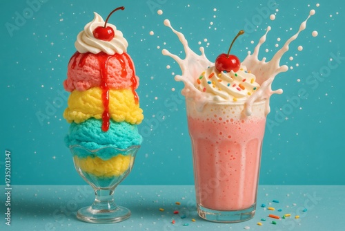 Colorful ice cream sundae and milkshake with cherry on a bright blue background