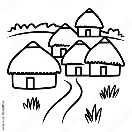 A line drawing of a village with thatched roof huts and a winding path, the huts are surrounded by grass and hills, creating a rural scene