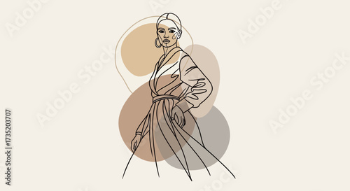 Elegant female figure line art illustration with abstract earthy tone shapes design