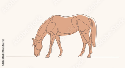 Elegant equine line art of a grazing horse in a minimalist and serene style with natural tones