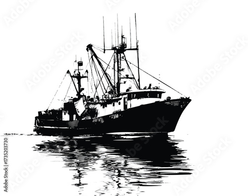 Fishing trawler ship at sea in black and white illustration with water reflections