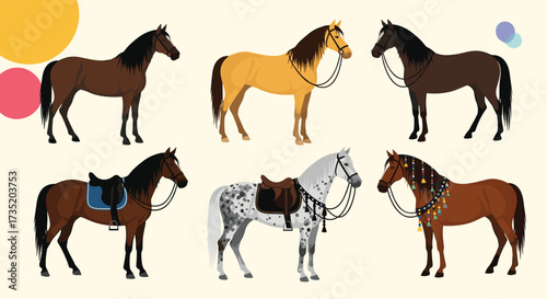 A colorful collection of six distinct pixel art horses depicted in a playful and whimsical style.