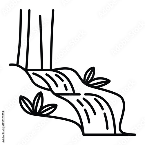 A simple line art illustration of a waterfall cascading down a rocky slope, surrounded by lush foliage