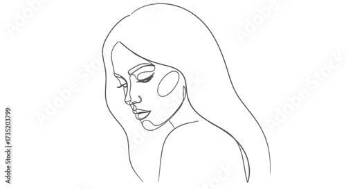 Elegant minimalistic line art portrait of a beautiful woman with flowing hair isolated on white