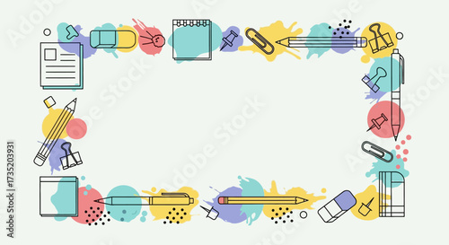 Creative office supplies frame with colorful splash background perfect for back to school projects